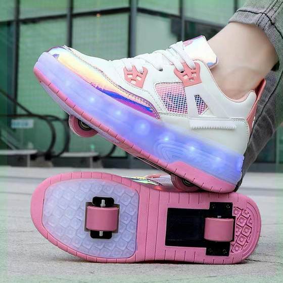 어린이 Heelys 신발 인터넷 유명인 학생 버전 이중 바퀴 개폐식 보이지 않는 비행 신발 바퀴가 달린 소녀 롤러 스케이트 신발