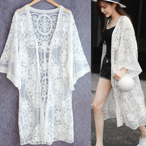 Lace medium long cardigan shawl outside wearing sunscreen beach holiday hollow women bikini beach coat