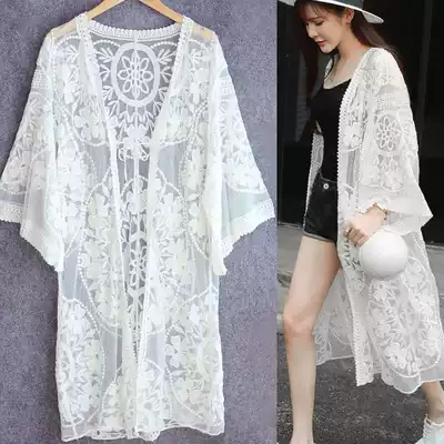 Lace mid-length cardigan shawl outer sunscreen clothing beach vacation hollow female bikini seaside blouse jacket