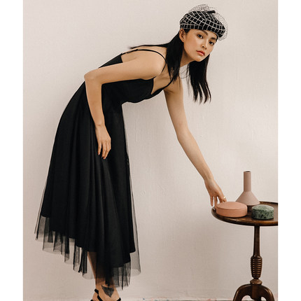 弥古新款黑色吊带网纱裙连衣裙夏礼服裙仙女海边度假沙滩裙中长裙-tmall.com天猫