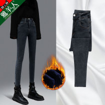 Plus velvet jeans womens pants 2021 new autumn and winter high waist slim versatile tight elastic small feet long pants