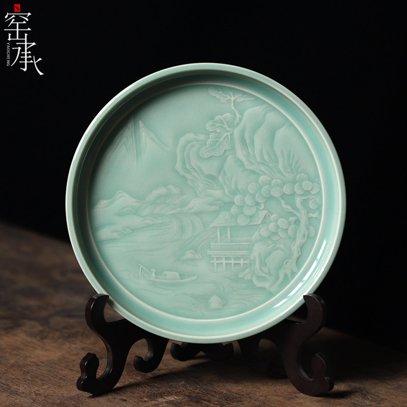 Yang Jiangpeng pure handmade pot bearing dragon spring porcelain fine carved mountain scenery fruit tray ceramic raising pot cushion dry bubble table dried fruit tray