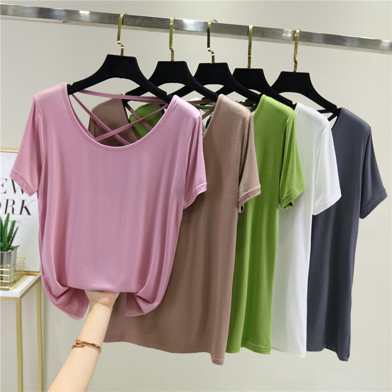 Round neck Korean T-shirt women's thin section leak back net red modal sexy loose isn thin solid color short-sleeved bottoming shirt