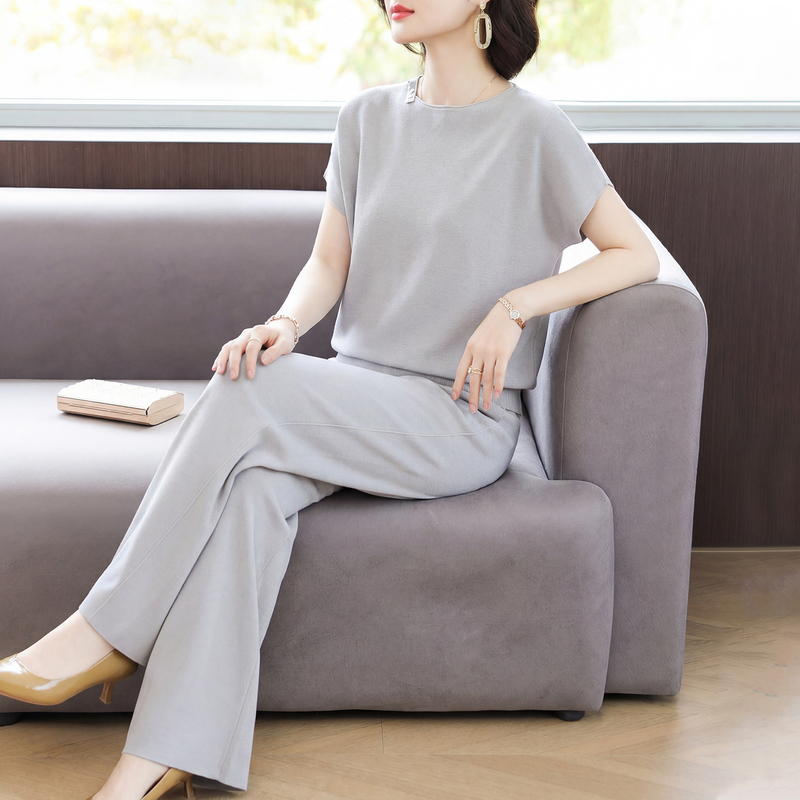 Mother's Day Summer Thin Short-Sleeved Silk Wide-Leg Pants Set, Mom-Style Elegant Drapey Casual Lazy Two-Piece Set