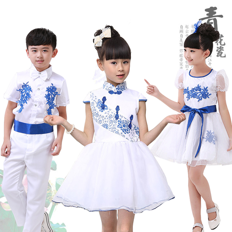 Trang phục sứ trắng xanh cho bé trai và bé gái hợp xướng biểu diễn quần áo học sinh tiểu học phong cách Trung Quốc hợp xướng quần áo đọc sách trang phục giáng sinh trẻ em