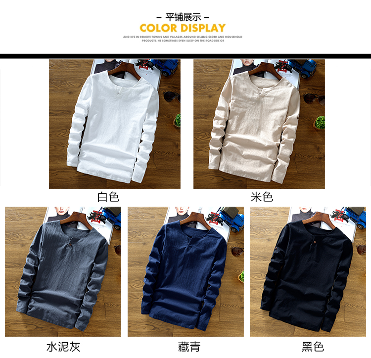 Trung quốc phong cách đàn ông của quần áo linen mùa xuân T-Shirt phong cách Trung Quốc khóa retro quần áo cotton linen phần mỏng dài tay áo màu rắn