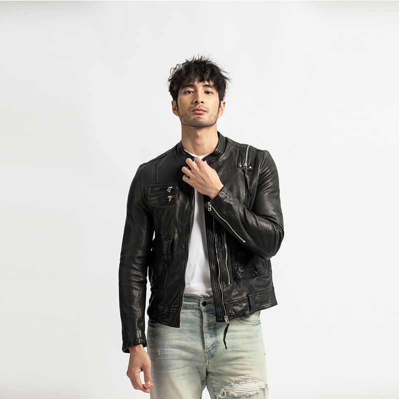 Show Louis Heavy-Duty Washed Korean Style Slim-Fit Short Biker Genuine Leather Jacket for Men, Sheepskin