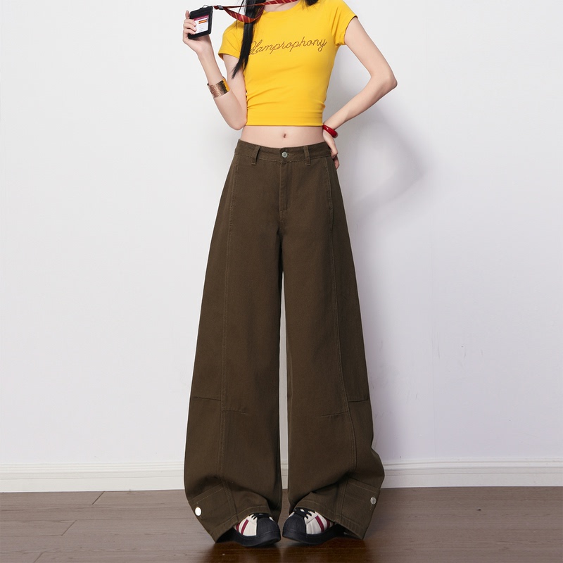 Mist Brown Series |   Mocha Brown Wide-Leg Jeans for Women, Autumn Versatile Coffee-Colored Loose Slimming Long Pants.