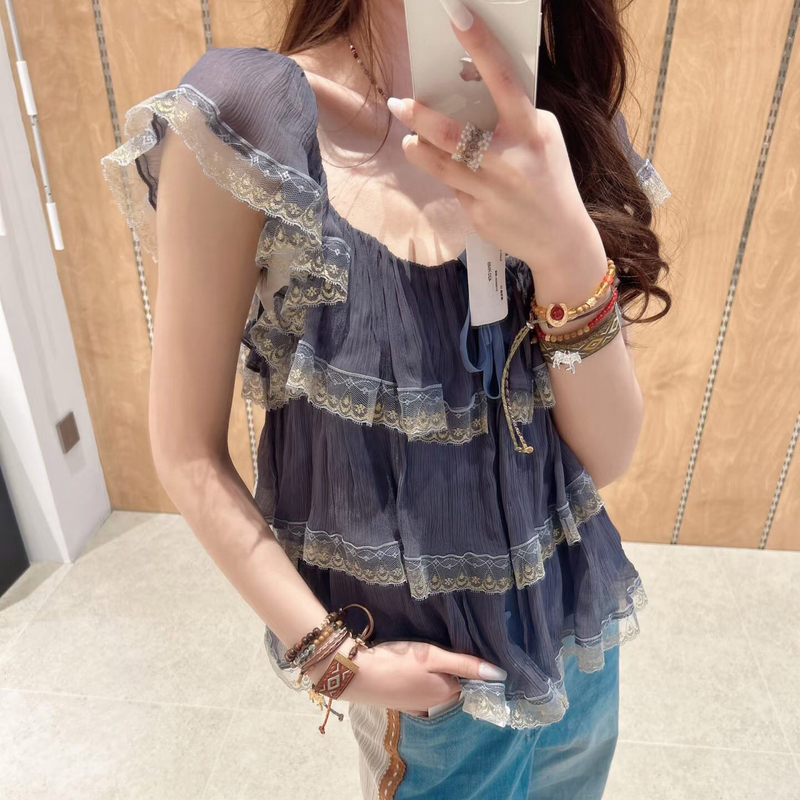 Nanyouhuo 26 Spring/Summer New Collection Tamil Morning and Evening French Style Small Flutter Sleeves Vintage Lace Patchwork Mesh Top Women's Clothing Nanyouhuo 26 Spring/Summer New Collection Tamil Morning and Evening French Style Small Flutter Sleeves Vintage Lace Patchwork Mesh Top Women's Clothing
