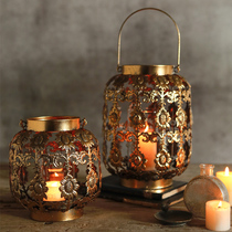 Retro light luxury home decoration ornaments Moroccan wrought iron carved candlestick antique copper metal wind lamp portable lamp