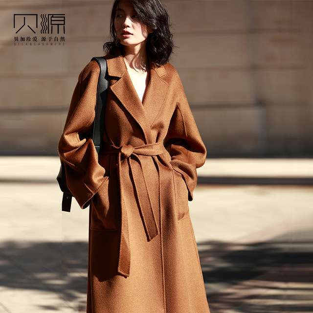 Beiyuan high-end camel color water waves two-sided cashmere coat women's mid-length 2023 ເສື້ອຄຸມຂົນສັດແບບ Hepburn ໃໝ່ເໜືອຫົວເຂົ່າ