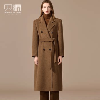 贝源2025冬装新款高端100骆驼绒大衣女中长款双排扣加厚毛呢外套