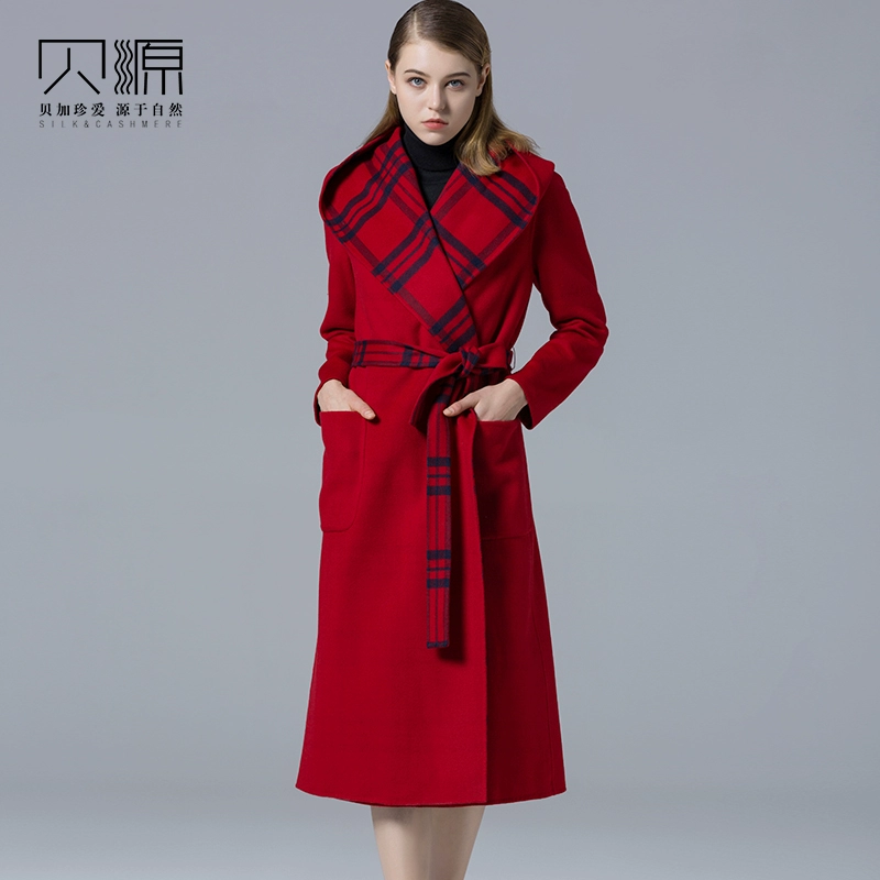 Beiyuan hai màu hai mặt hai lớp áo khoác cashmere nữ 2019 dài màu đỏ tự nhiên năm ren dày lên áo khoác len - Áo len lót đôi