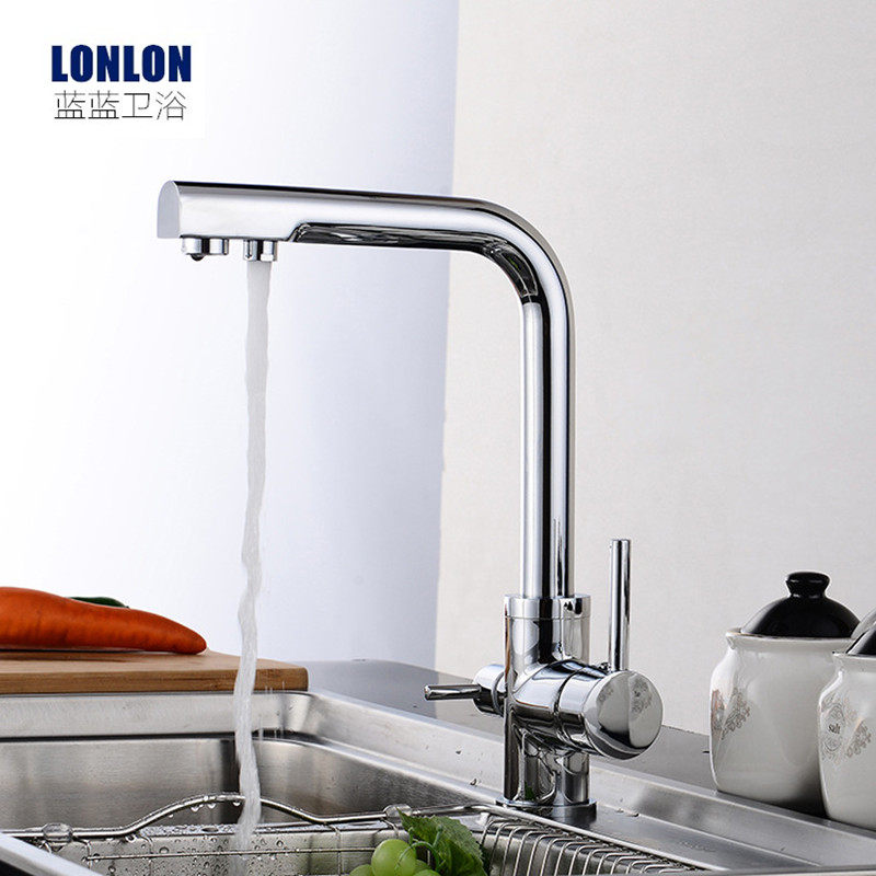 All-copper water purifier kitchen wash basin faucet double handle three-in-one water purifier three-sink hot and cold double water outlet
