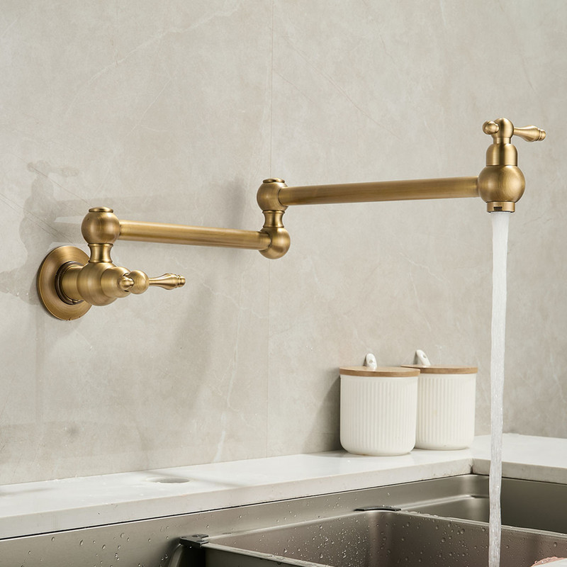All-Copper Antique-Style Wall-Mounted Folding Kitchen Faucet with Retro Dual-Switch Rotating Sink for Washing Vegetables, Single Cold Water Stove Top Soup Pot