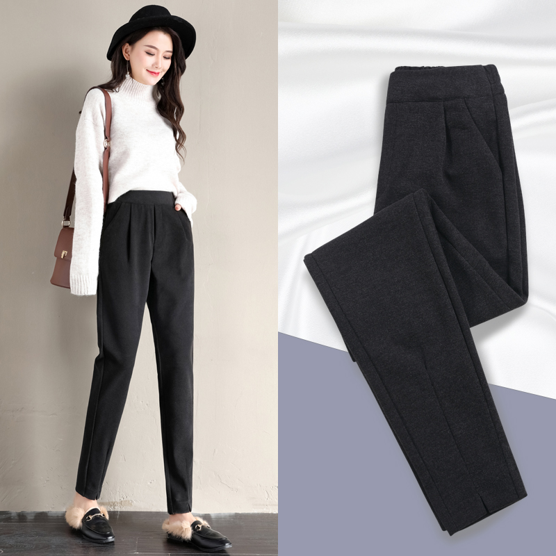 Black woolen pants women's autumn and winter casual pants 2022 new high waist plus velvet harem grandma pants loose lob pants