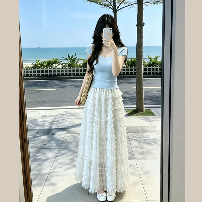 Unique and Beautiful Waist-Cinching Top, Mint Polka Dot Gauze Skirt, Cake Skirt, Two-Piece Suit, Dress, Long Skirt