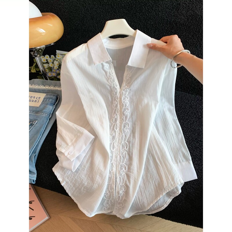 Guangzhou Thirteen Rows Women's Clothing ~ Turn-Down Collar Long Sleeve Sunscreen White Shirt ~ Summer Embroidered Lace Loose Slimming Thin Top Guangzhou Thirteen Rows Women's Clothing ~ Turn-Down Collar Long Sleeve Sunscreen White Shirt ~ Summer Embroidered Lace Loose Slimming Thin Top