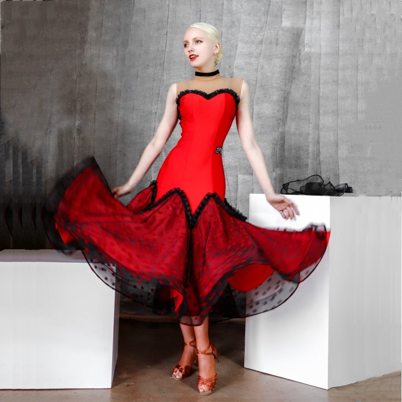 YJFY Modenlian dress national standard large pendulum dance suit female tango practice dress with ballroom professional performance dance dress red-Taobao