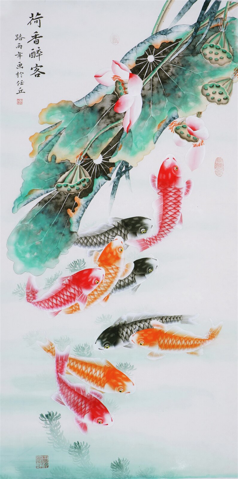 中国古美術・荷花鯉鱼図三尺画芯・啓功印款・水墨画・純手描き・文房具・宣紙・带水印 中国古美術・荷花鯉鱼図三尺画芯・啓功印款・水墨画・