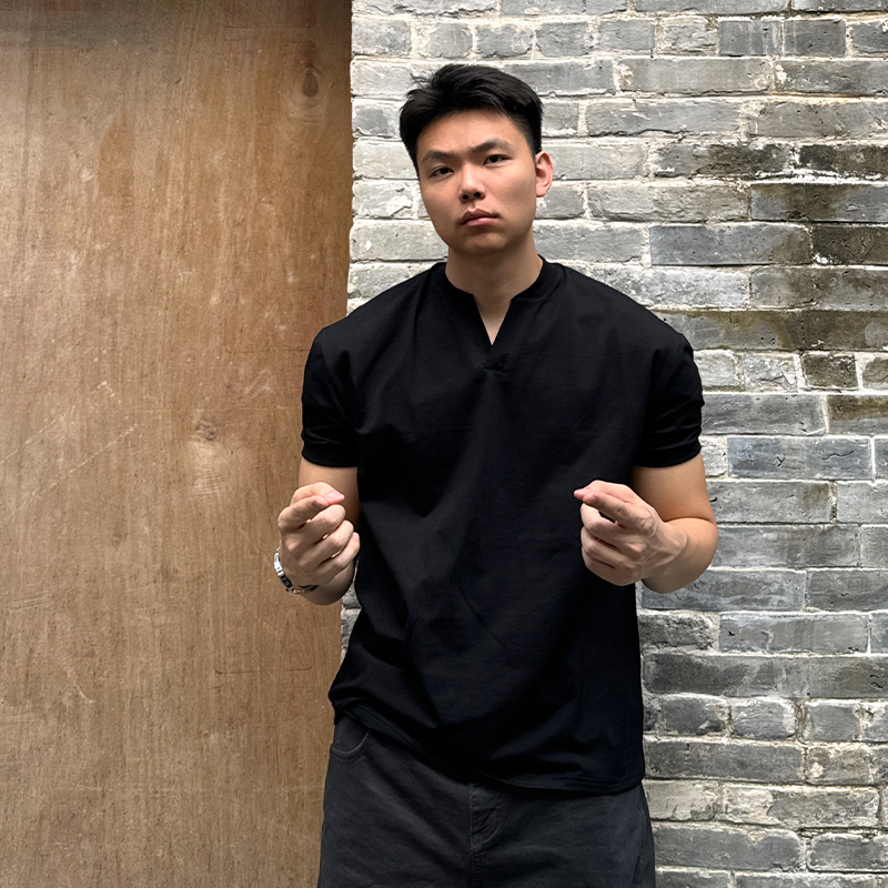 Tbkl New Chinese Style Henry V-Neck Regular Shoulder T-Shirt Men's Cotton Fitness Training Sports Casual Solid Color Short Sleeve