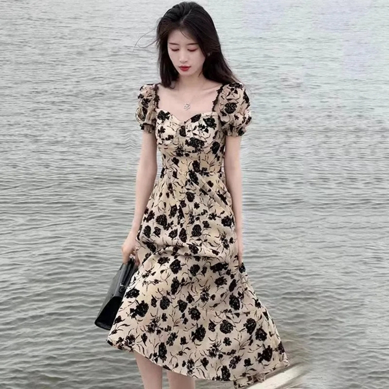 Summer Women's Clothing 2026 New High-End Platycodon Tea Break Style French Black Floral Dress Fairy Long Dress