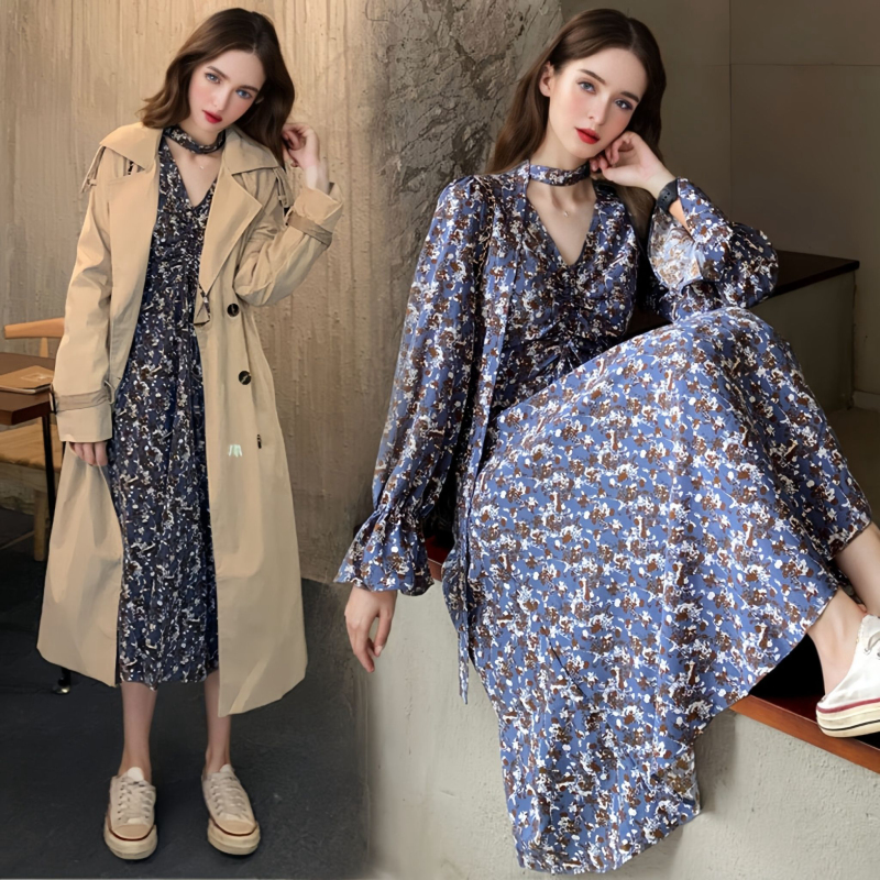 Blue Wind Chime Autumn Floral V-Neck Long Sleeve Dress for Women, Waist-Cinching Slimming Chiffon Bell Sleeve Midi Dress for Sisters
