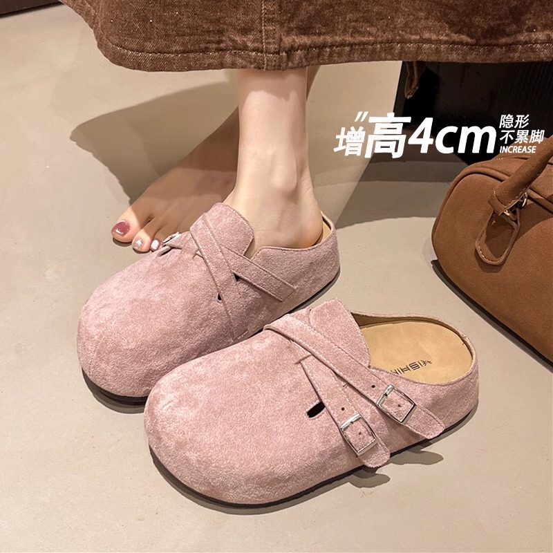 British Genuine Leather Thick-Soled Birkenstock-Style Half-Slippers for Women, Summer 2026 New Super Popular Height-Increasing Soft-Soled Pink Closed-Toe Slippers