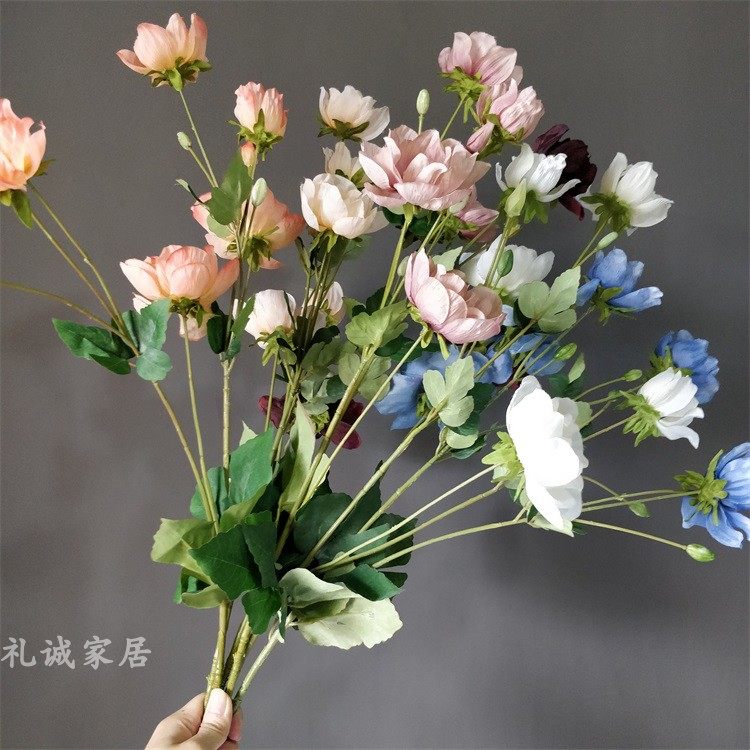 Multi-head simulation grass pattern rose anemone home flower arrangement decoration wedding flower simulation silk flower small flower