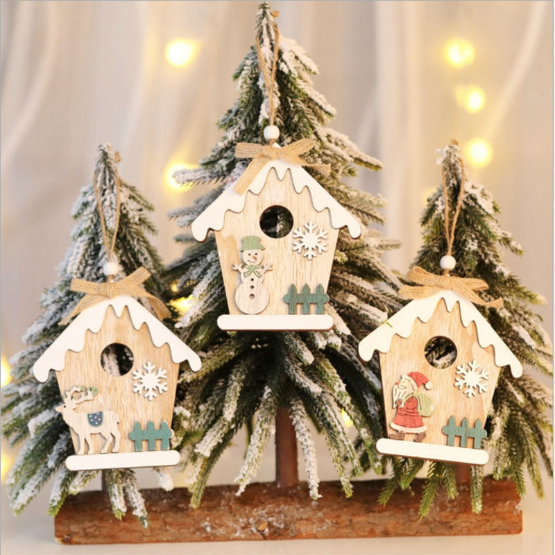 Painted wooden Christmas tree pendant Christmas room-shaped old man snowman wooden pendant Christmas window decoration supplies