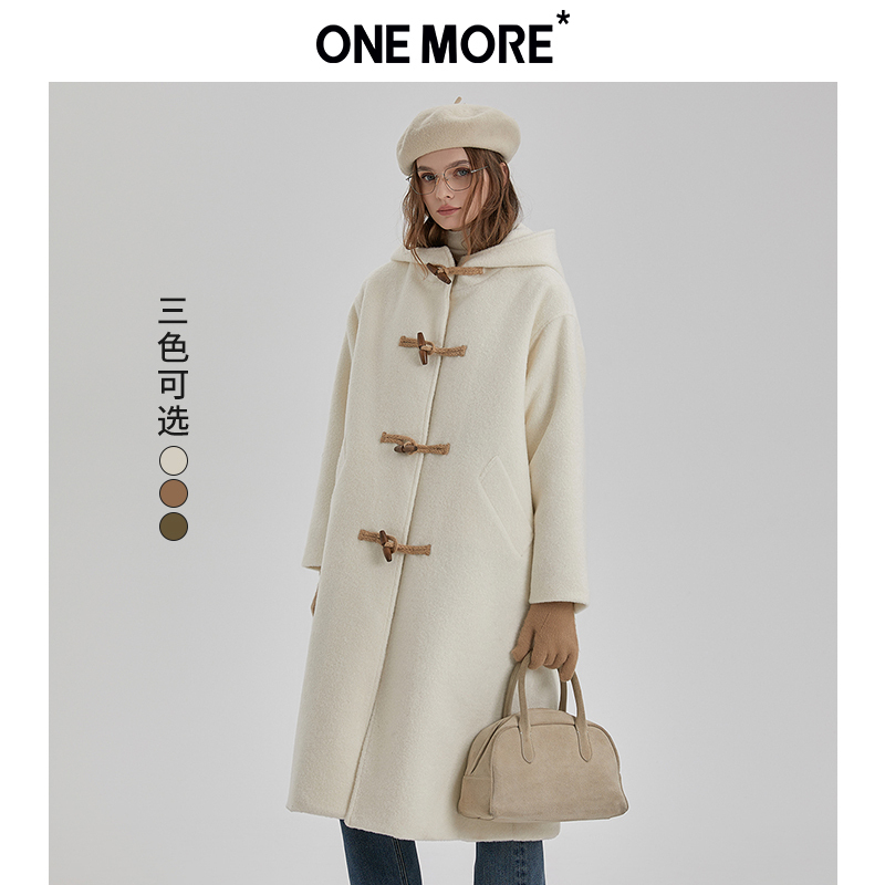 One More Moon Ink Academy Wind Lianhood jacket Women's pure color commute Long Horn Buttons Big Clothes Winter-Taobao