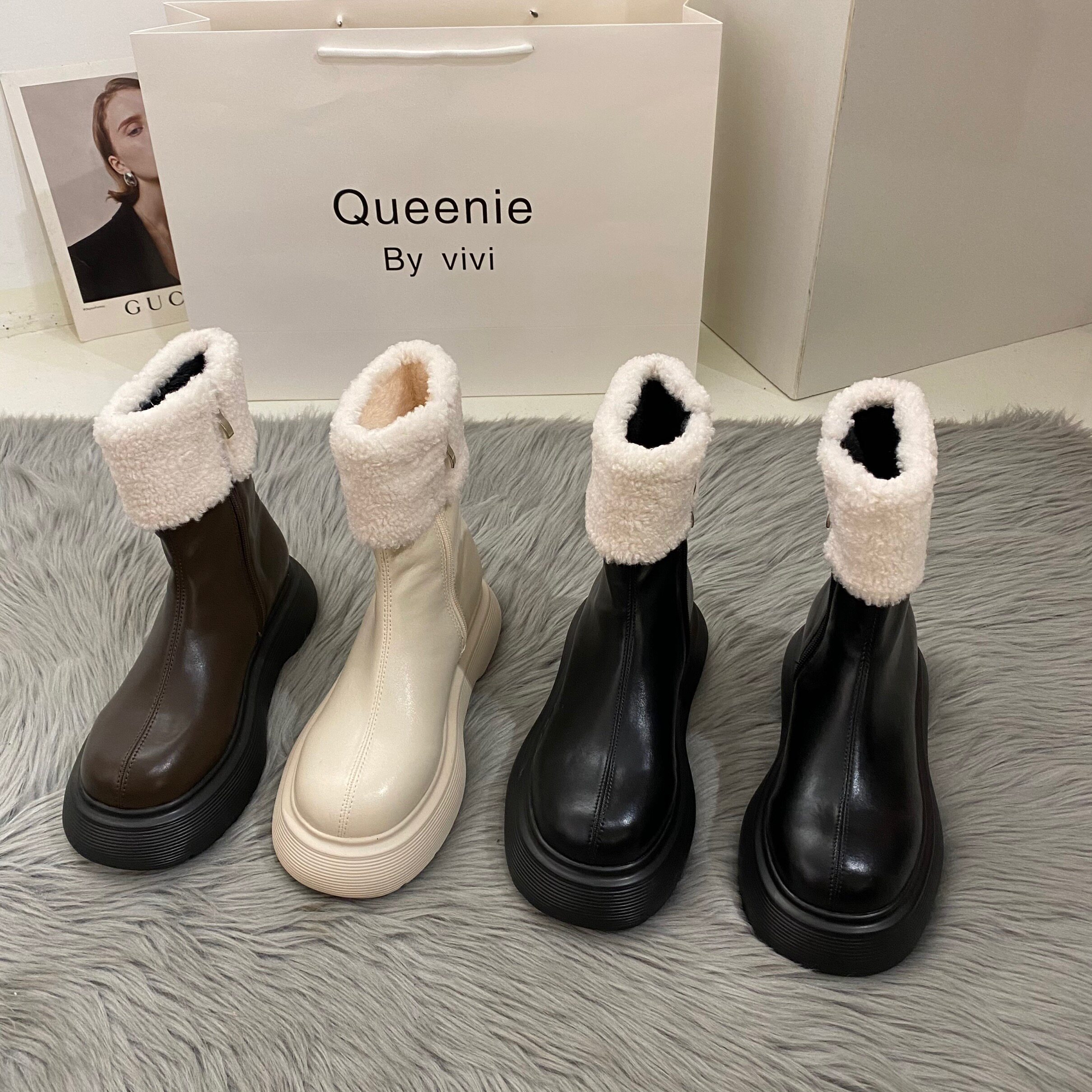 ITRA boots women's winter Martin boots soft leather round toe thick heel black thin short boots