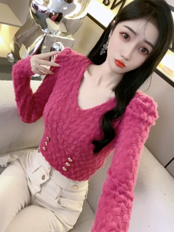 Pure Desire Style V-Neck Lace Blouse for Women 2026 Autumn New Slim Fit Puff Sleeve Short Versatile Long Sleeve Top