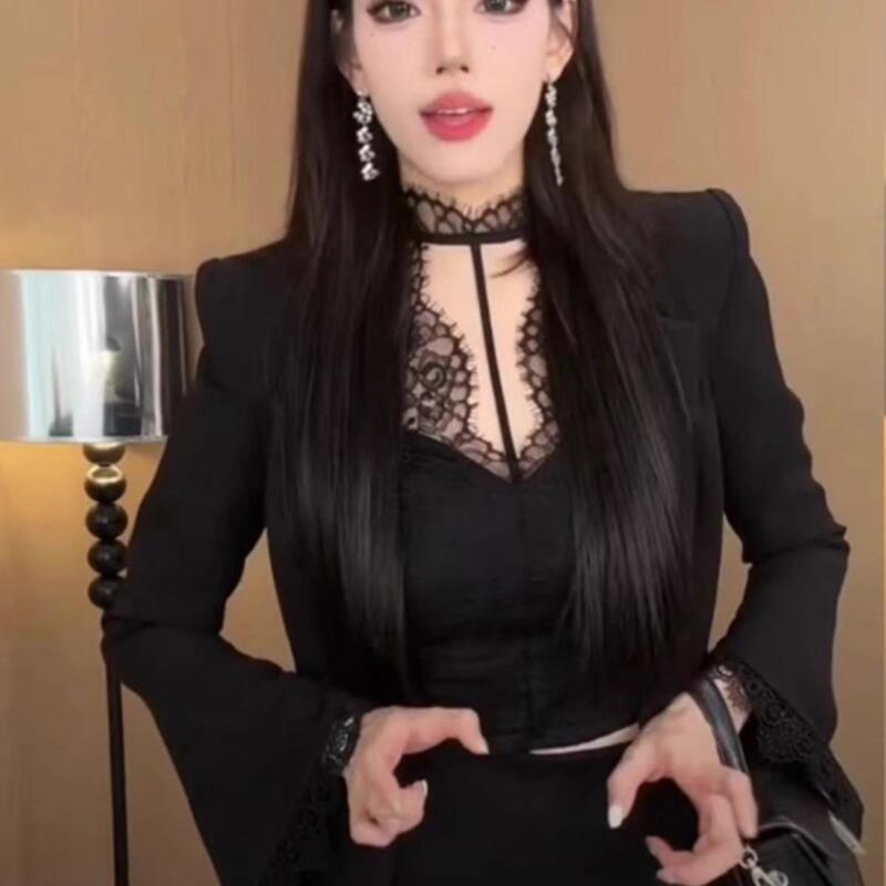 French Sexy Lace Crochet Halter Round Neck Long-Sleeved T-Shirt for Women 2026 Autum New Elegant Slim-Fitting Top ins