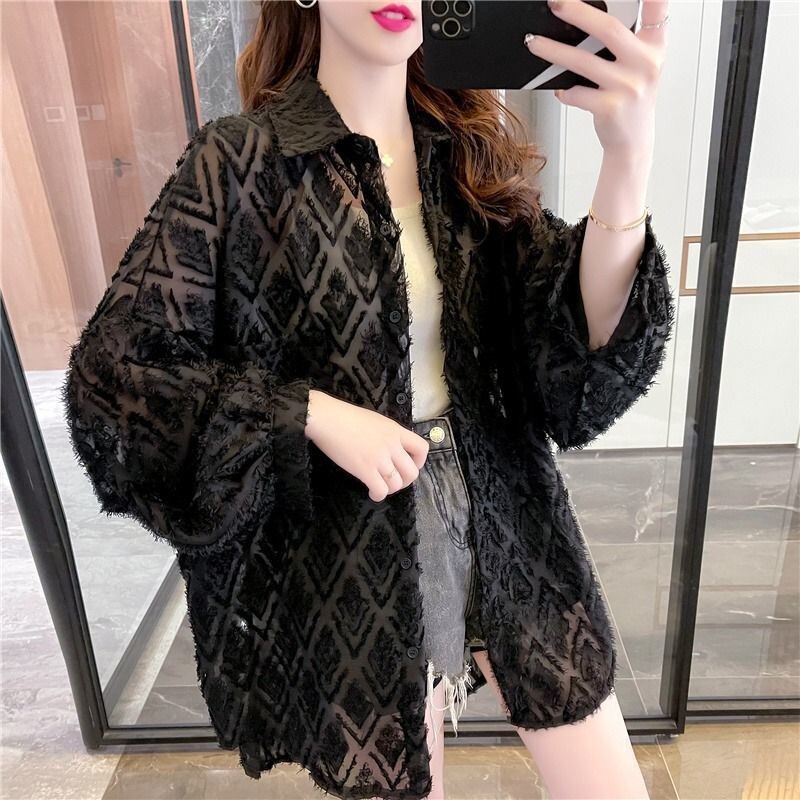 Black Lace Shirt 2025 Spring and Autumn New Korean Style French Design Tassel Loose High-End Sexy Top