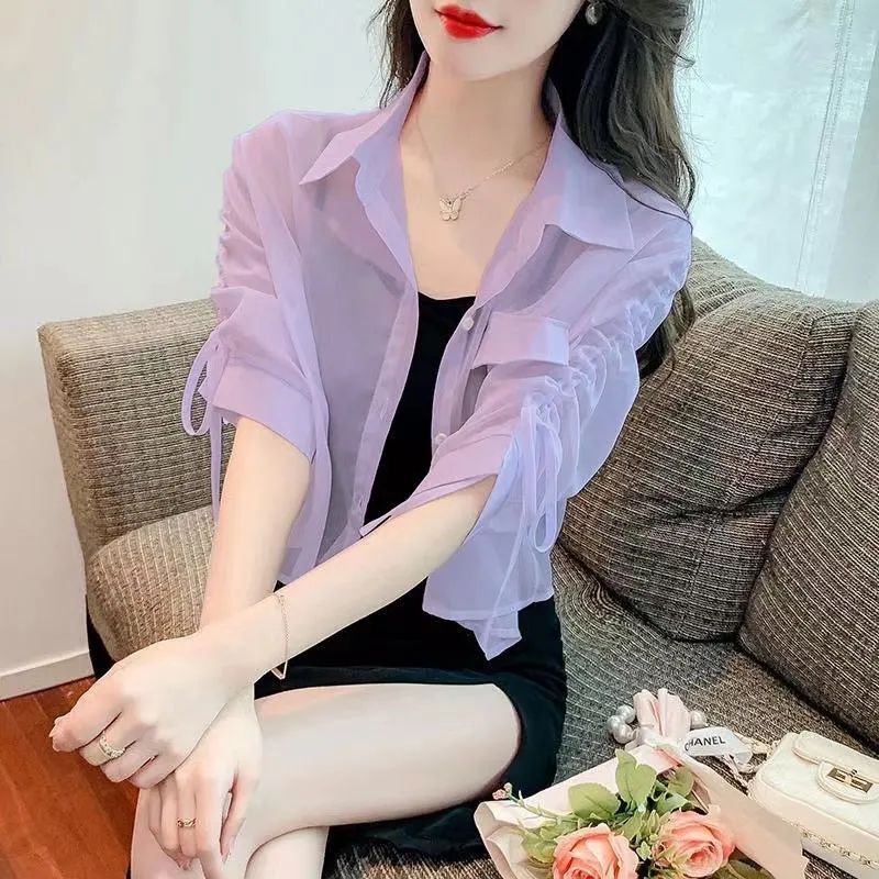 Summer New Versatile Super Fairy-Like Drawstring Sleeve Thin Shirt Chiffon Sun Protection Shirt