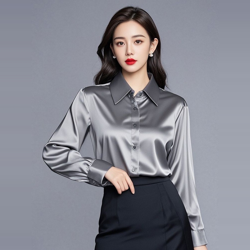 High-End and Elegant Professional Acetate Satin Gray Shirt for Women, Long-Sleeved, Spring and Autumn, Silky and Drapey Base Shirt