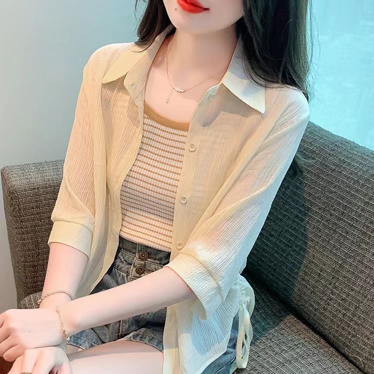 Thin Sun Protection Clothing for Women, Super Stylish Outerwear Cardigan, Summer Short Style for Petite Figures, Pleated Chiffon Shirt Top Thin Sun Protection Clothing for Women, Super Stylish Outerwear Cardigan, Summer Short Style for Petite Figures, Pleated Chiffon Shirt Top