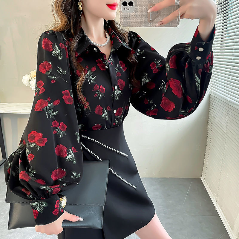 Elegant Chiffon Printed Rose Shirt, Long-Sleeved New Vintage Shirt, Loose Floral Fashion Slimming Top Design Elegant Chiffon Printed Rose Shirt, Long-Sleeved New Vintage Shirt, Loose Floral Fashion Slimming Top Design