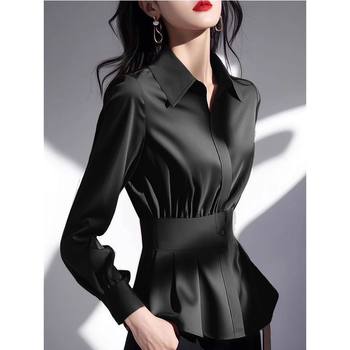 Spring european style, high-end, chic, niche, light luxury, high-end, age-reducing, beautiful, chic, coffee-colored pinch-waist shirt for women