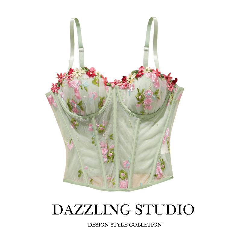 French-Style Gentle Embroidery Mesh Lace Fishbone Bra Floral Camisole Women's Summer Waist-Cinching Tube Top