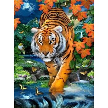 2022 ປີຂອງ Tiger Zodiac DIY ເພັດສີ່ຫຼ່ຽມເພັດທີ່ເຕັມໄປດ້ວຍເພັດເພັດແຕ້ມຮູບ masonry embroidery ພູເຂົາແລ່ນນ້ໍາ tiger pasted ເພັດ cross stitch