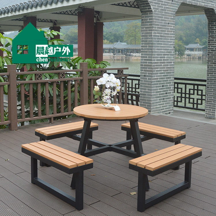 Plastic wood outdoor table and chair combination with umbrella set one-piece leisure table and chair antiseptic plastic wood courtyard barbecue coffee park