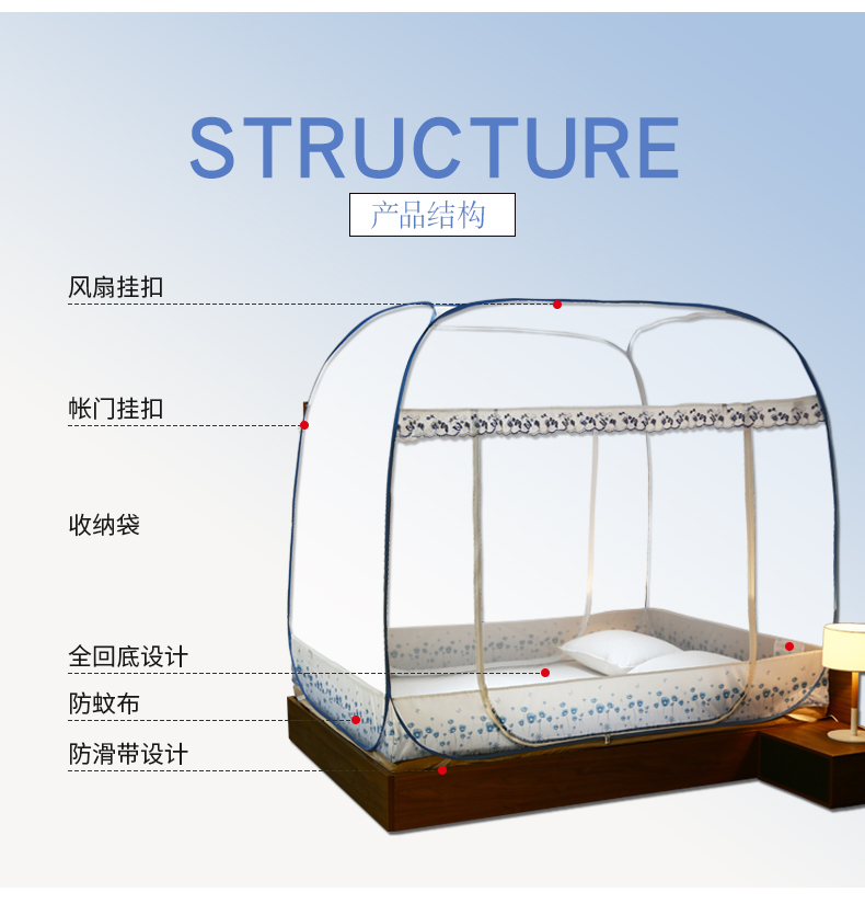 nhà Mini cài đặt miễn phí lưới yurt ba cửa dây kéo 1,2m giường giường 1,5m 1.8m nhà Giường đôi - Lưới chống muỗi mùng chống muỗi gấp gọn