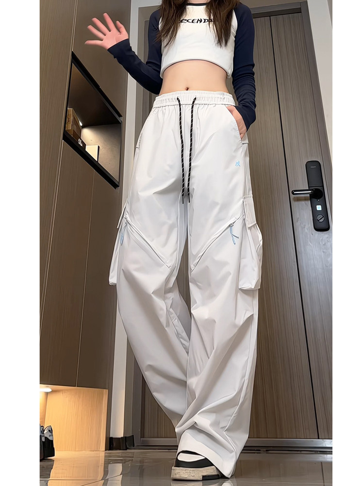 Spring and Autumn Cargo Pants, American-Style Functional Wide-Leg Pants for Women, Mid-High Waist, Loose, Slimming, Workwear Pants, Outdoor Casual Pants, Trendy