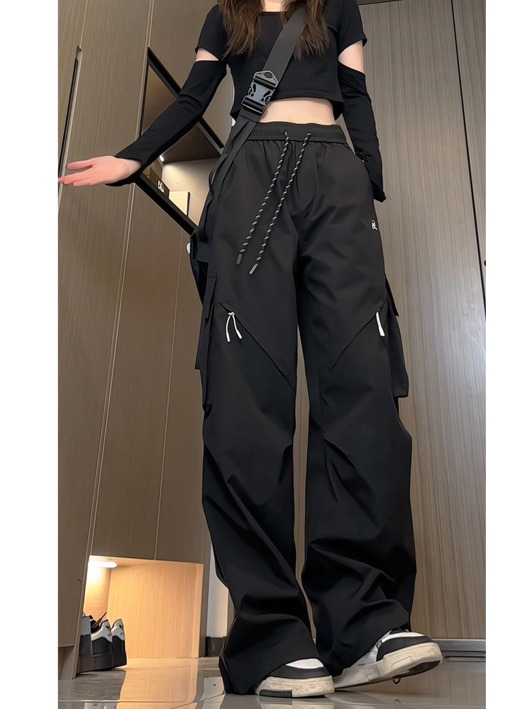 Spring and Autumn Cargo Pants, American-Style Functional Wide-Leg Pants for Women, Mid-High Waist, Loose, Slimming, Workwear Pants, Outdoor Casual Pants, Trendy