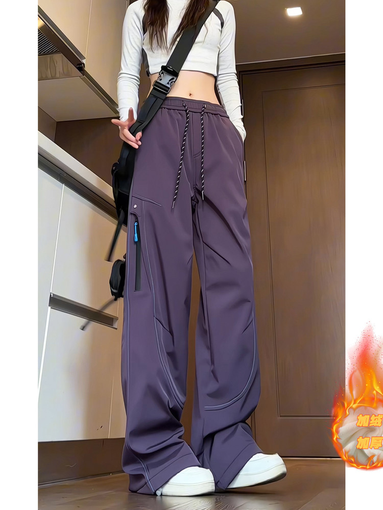 Autumn and Winter Mountain-Style Outdoor Multi-Pocket Cargo Pants for Women, Windproof and Waterproof Hiking Straight-Leg Pants, Fleece-Lined and Thickened, Couple Style