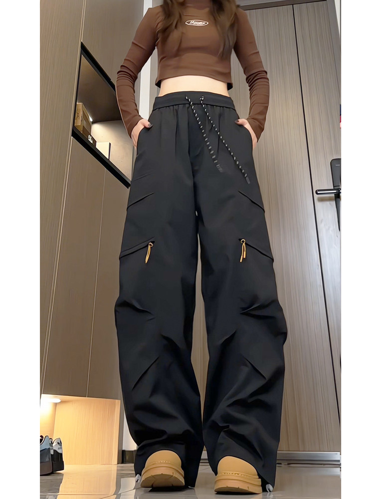 Spring and Autumn Cargo Pants, Military Green Wide-Leg Pants for Women, Mid-High Waist Drawstring Straight-Leg Pants, Loose and Drapey Casual Pants, Trendy