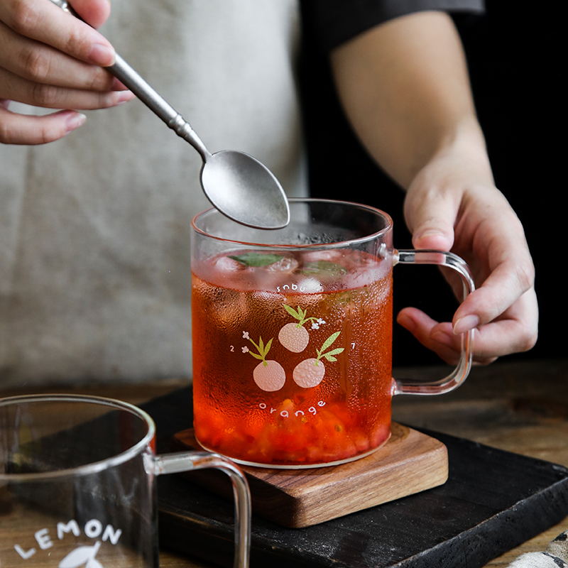 YC cute creative heat-resistant glass cup breakfast milk cup juice cup with lid fruit cup with handle