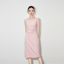 Summer new pure pink sleeveless off-shoulder elegant temperament slimming pleated hip skirt mid-length dress for women